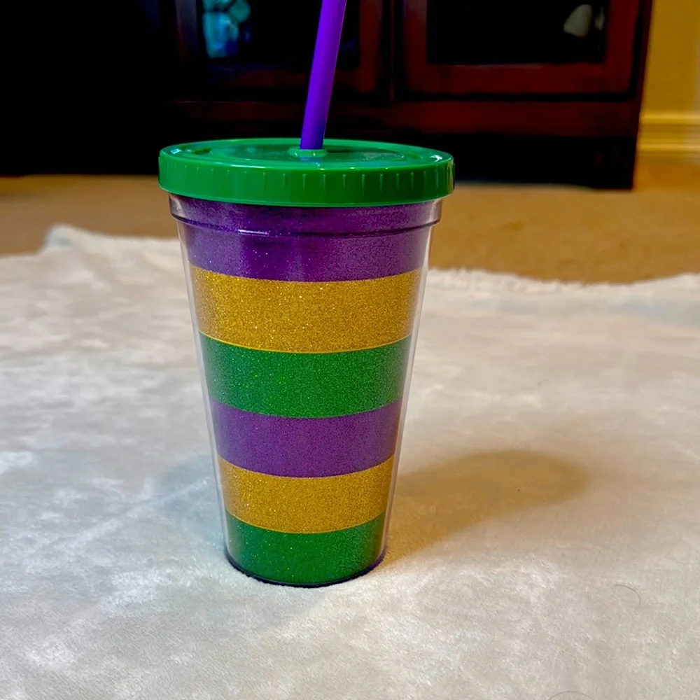 Mardi Gras/ LSU Party Cup with Lid and Straw